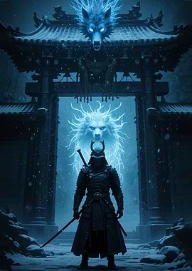 Samurai Spirit Wolves in Snowy Shrine