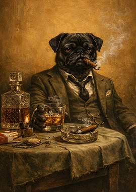 Pug Gentleman with Cigar and Whiskey