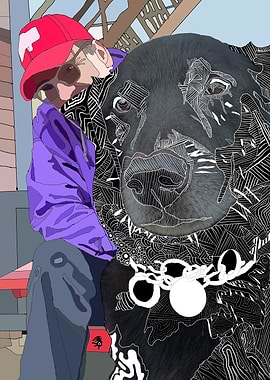 Man and Dog Portrait with Line Art