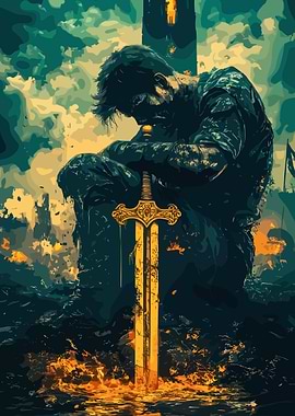 Warrior with Sword in Battlefield Art