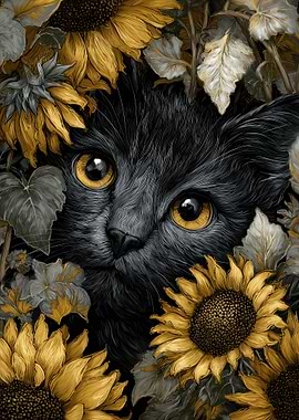 Black Cat Among Golden Sunflowers