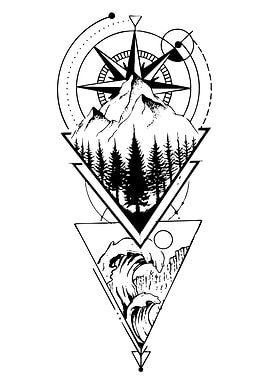Geometric Mountain and Ocean Tattoo Design