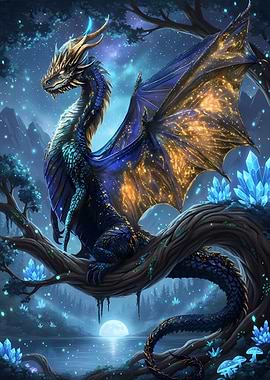 Blue and Gold Dragon on Branch