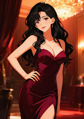 ANIME Elegant Woman Red Evening Dress Luxury Night Art