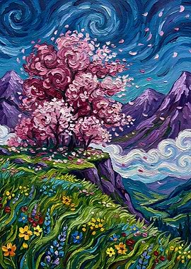 Cherry Blossom Tree Landscape Painting