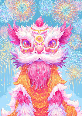 Pink Lion Dance with Fireworks