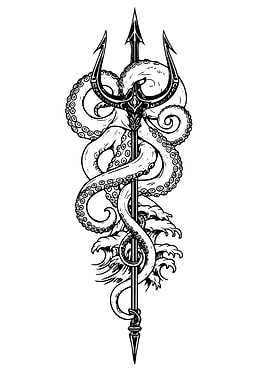 Trident and Octopus Black and White Art