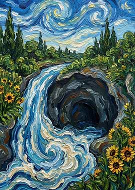 Waterfall and Cave in Van Gogh Style