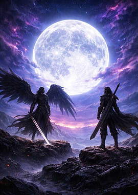 Winged Warriors Under a Giant Moon
