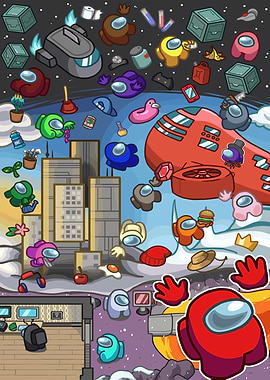 Among Us characters and objects collage