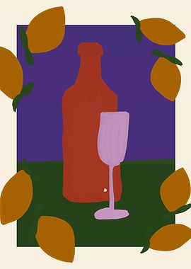 Wine Bottle and Glass with Lemons