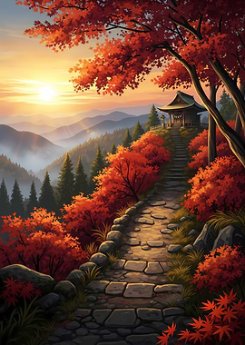 Autumn Path to Japanese Temple