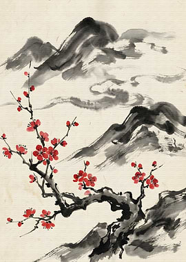 Asian Ink Painting with Red Blossoms