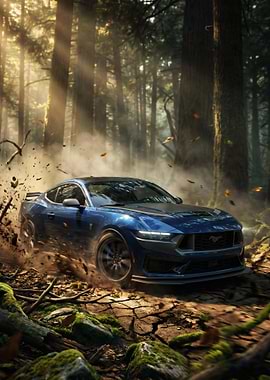 Blue Ford Mustang Dark Horse in Forest Rally