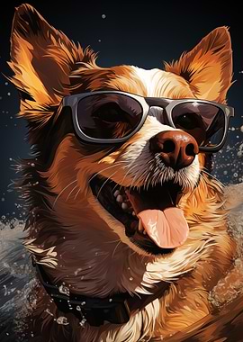 Dog with Sunglasses in Water
