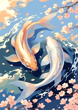 Koi Fish and Cherry Blossoms Art