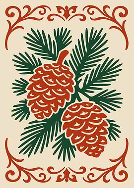 Pinecones and Pine Needles with Ornate Border
