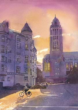 Helsinki Finland Kallio Church sunset painting