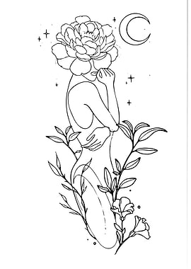 Floral Woman Line Art with Moon