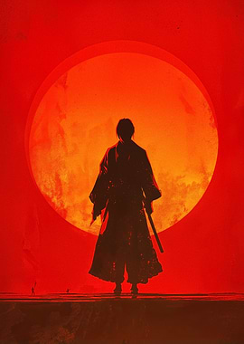 Samurai Silhouette Against Red Sun