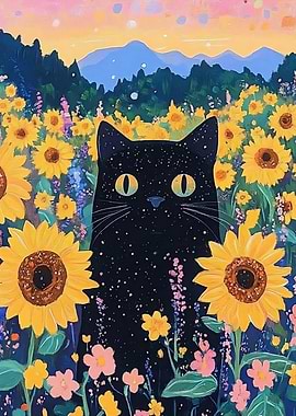 Black Cat in Sunflower Field