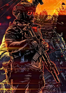 Soldier with rifle in action scene