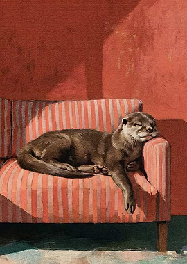 Sleeping Otter on Striped Couch