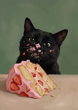 Black Cat with Strawberry Cake