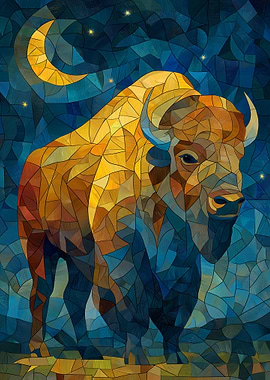 Mosaic Bison Under Crescent Moon
