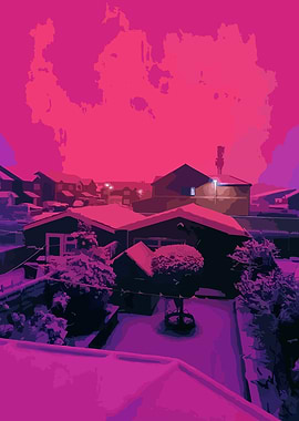 Snowy rooftops at dusk