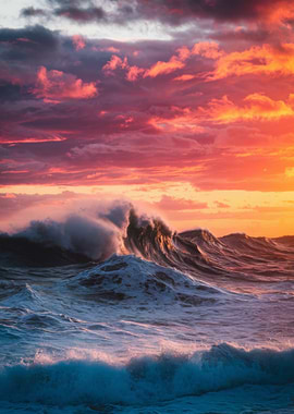 Sunset Over Crashing Ocean Waves