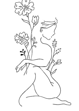 Woman and Flowers Line Art