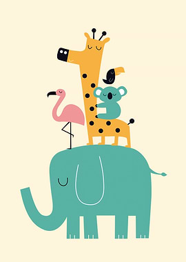 Cute Animals Stacked on Elephant