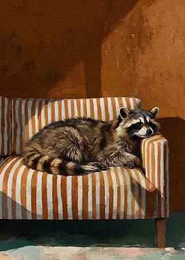 Raccoon Resting on Striped Couch