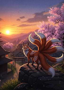 Nine-tailed Fox in Japanese Landscape