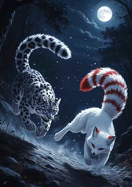 Snow Leopard and Fox Night Hunt