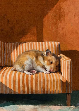 Sleeping Hamster on Miniature Striped Couch
