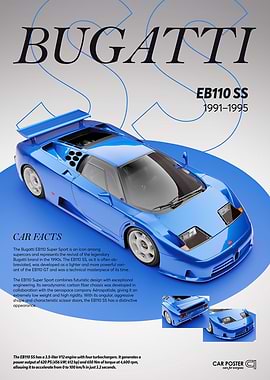 Bugatti EB110 SS Blue Car Poster