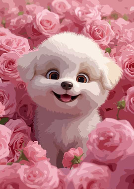 Cute White Puppy in Pink Roses