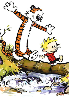 Calvin and Hobbes crossing a log