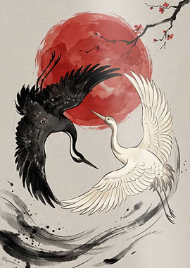Yin Yang Cranes and Sun