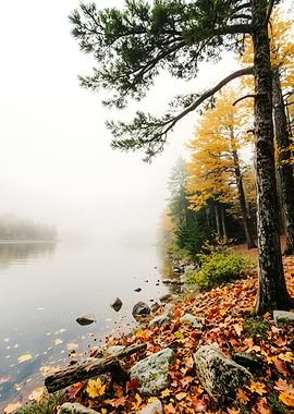 Autumn Lake Scene with Fog