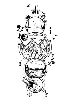 Nature Scenes in Circles Black and White