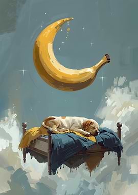 Dog Sleeping on Bed Under Banana Moon