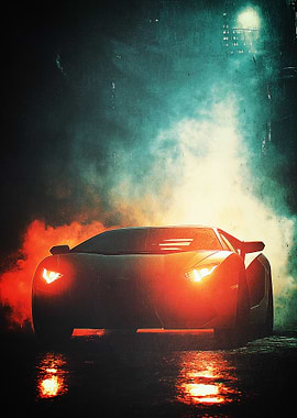 Sports car in smoky, neon-lit night Poster