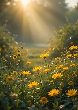 Golden Hour Meadow with Yellow Flowers