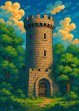Stone Tower in Forest Pixel Art