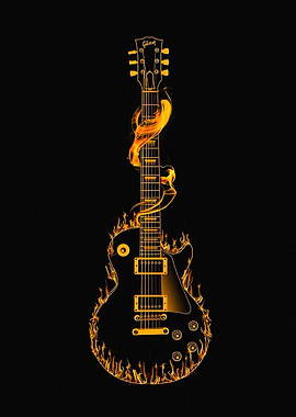 Flaming Gibson Guitar on Black Background