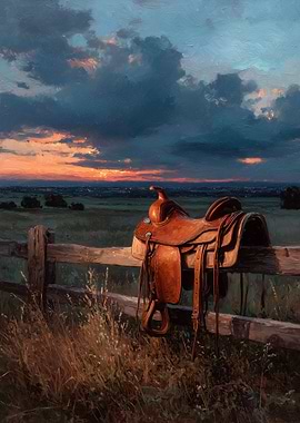 Saddle on Fence at Sunset Painting