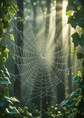 Dew-Kissed Spiderweb in Forest